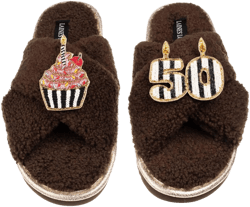 Laines London Women's Brown Neutrals Laines Neutral Boucle Slippers With Stripe 50Th Birthday & Cake Brooches