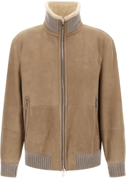 Brunello Cucinelli Men's Brown Suede And Sherling Curly Bomber Jacket