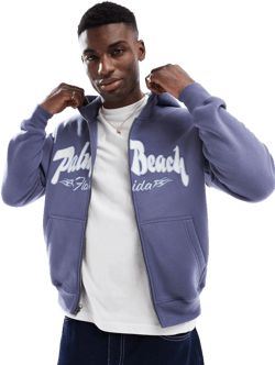 Hollister Men's Blue baggy Motif Back Detail Zip Through Hoodie