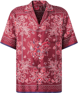 Gucci Men's Red Printed Silk Twill Bowling Shirt