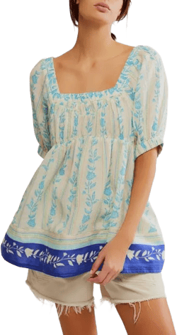 Free People Women's Blue Santorini Print Embroidered Puff Sleeve Tunic Top