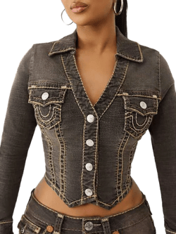 True Religion Women's Gray Brown Denim Super T Denim Shirt