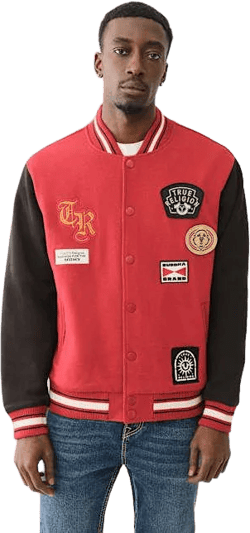 True Religion Men's Red Multi Patch Fleece Varsity Jacket