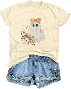 Halloween Shirts for Women Bow Ghost Shirt Cute Spooky Tshirt Fall Flower Graphic Tees Casual Short Sleeve Tops
