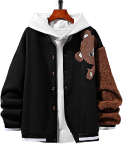 Jackets for Men - Men Bear Patched Bomber Jacket Without Hoodie (Color : Black, Size : XX-Large)