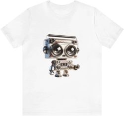 Cute Boombox Robot Tee - Unique Vintage Audio Robot Graphic T-Shirt - Perfect Gift for Music and Tech Lovers