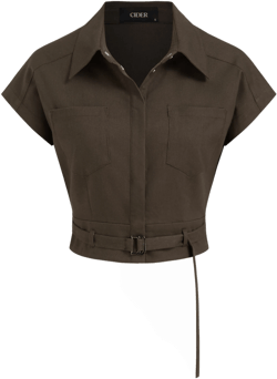 Linen-blend Collar Short Sleeve Crop Shirt With Belt