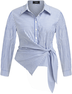 Cotton-blend Collar Stripe Knotted Long Sleeve Blouse Curve & Plus