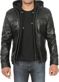 fjackets Real Lambskin Mens Leather Jackets With Detachable Hood - Cafe Racer Zip Up Moto Style Leather Jacket Men