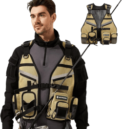 Fly Fishing Vest for Men Outdoor Travel Multi Pockets Work Pack Tactical Jacket Cargo Rod Holders Tan