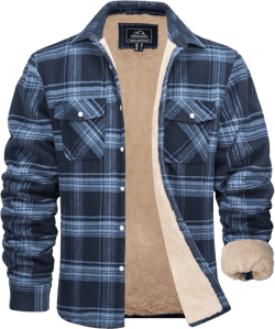 MAGCOMSEN Men's Flannel Shirt Fleece Lined Heavyweight Flannel Jacket Cotton Button Up Plaid Shirt Warm Winter Coat XX-Large Grey Blue