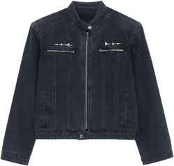 Men's Vintage Stand Collar Denim Jacket Casual Lightweight Distressed Motorcycle Coat Slim Zipper Warm Jean Jacket