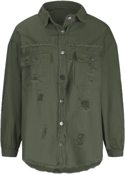 WCMZJ Ripped Fringe Jean Jacket Women Distressed Washed Button Down Unisex Frayed Denim Shacket with Pocket Army Green XL