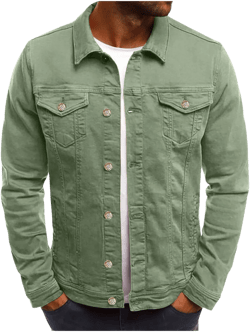 COSFO Green Men Jean Jacket Casual Lightweight Button Solid Denim Jackets Slim Mid-Length Multiple Pockets Long Sleeve Hoodless Jackets