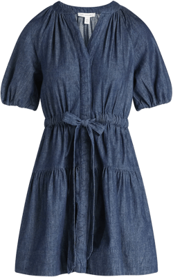 Free Assembly Women's Denim Tiered Mini Dress with Puff Sleeves, Sizes XS-XXL