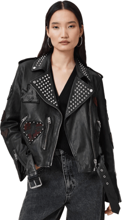 AllSaints Women's Black College Relaxed Fit Leather Biker Jacket