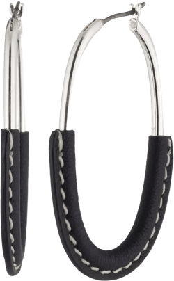 Silver-Tone Black Leather Wrap Oval Hoop Earrings, 1.4"