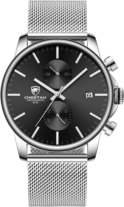 GOLDEN HOUR Mens Watch Fashion Sleek Minimalist Quartz Analog Mesh Stainless Steel Waterproof Chronograph Watches for Men with Auto Date silver black