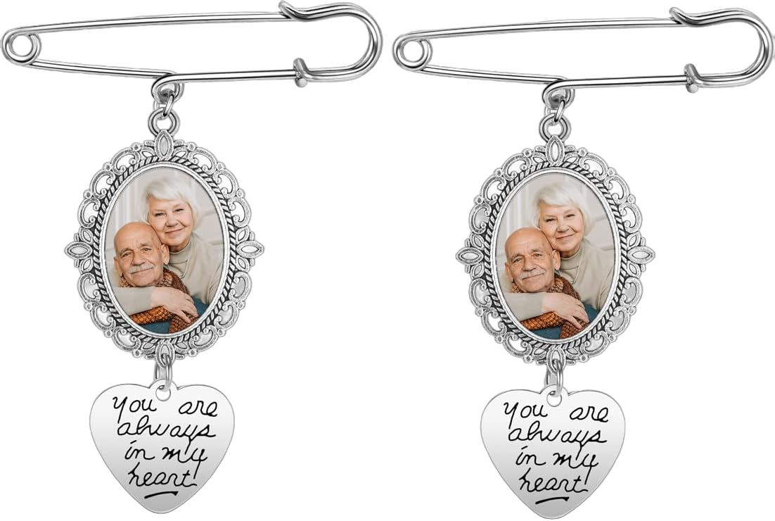Personalized Master Brooch Pin for Women Custom Wedding Bouquet Photo Charm Pin Vintage Corsage Dresses Cardigan Pin Buttons for Wedding Engagement one photo frame+always in my heart(2pcs)