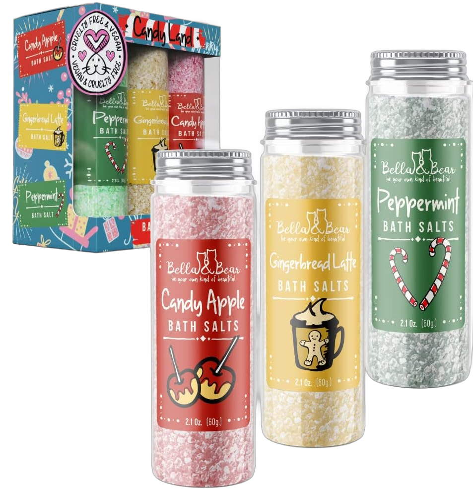 Bella and Bear Candy Land Bath Salts - Holiday Edition | Set of 6 Mini Bath Salts | Cruelty-Free & Vegan | Festive Scents Perfect Stocking Stuffer for Women, Teens, & Tweens
