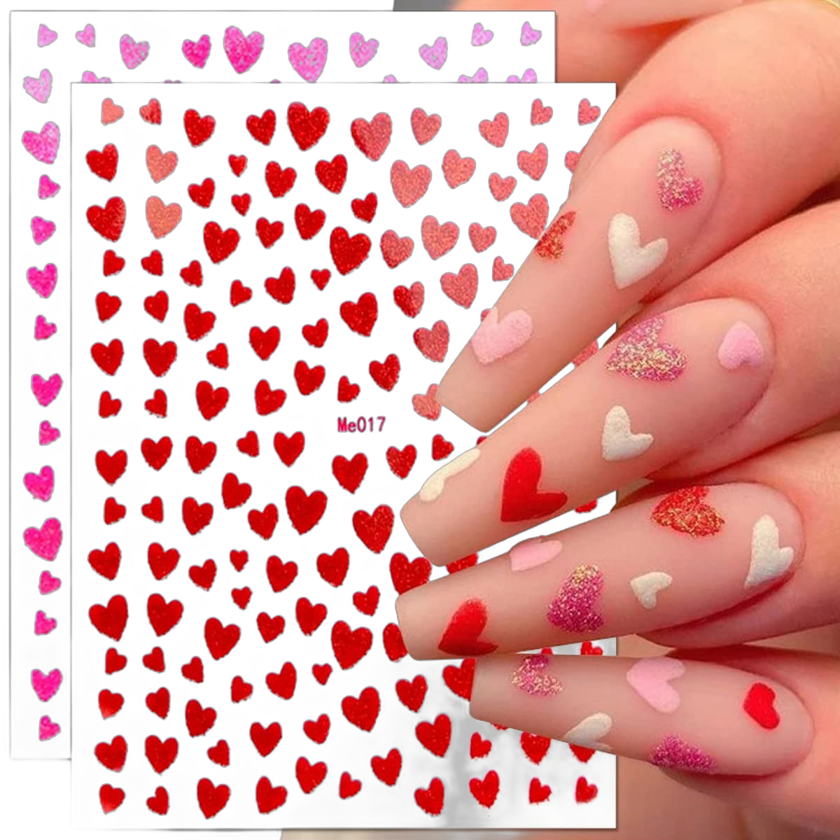 10 Sheets Heart Nail Stickers Glitter Shiny Love Nail Decals 3D Self Adhesive Nail Art Stickers Glitter Powder Effect Valentine's Day Hearts Designs DIY Valentines Manicure Decorations Accessories