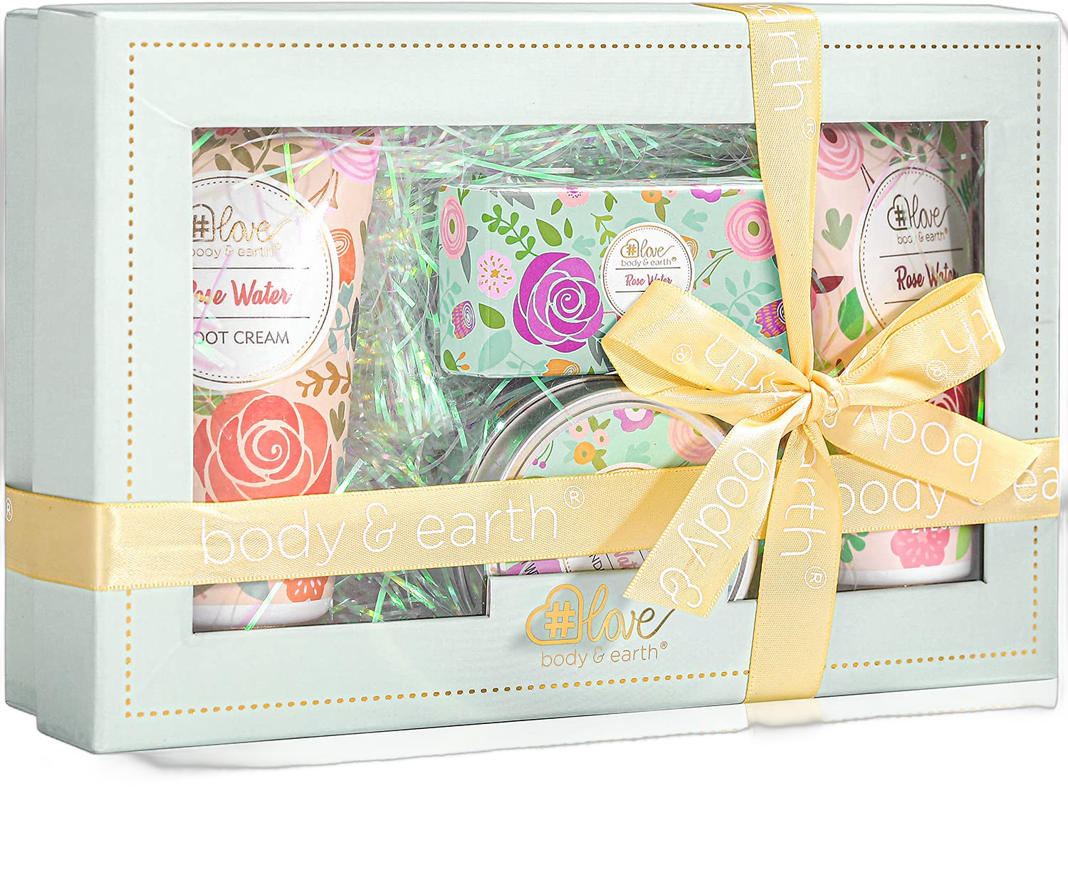 4PC Rose Water Lotion Gift Set: Hand & Foot Cream, Soap, Scented Candle - Body Care for All Skin Types Skin Care Gift Set for Women Green