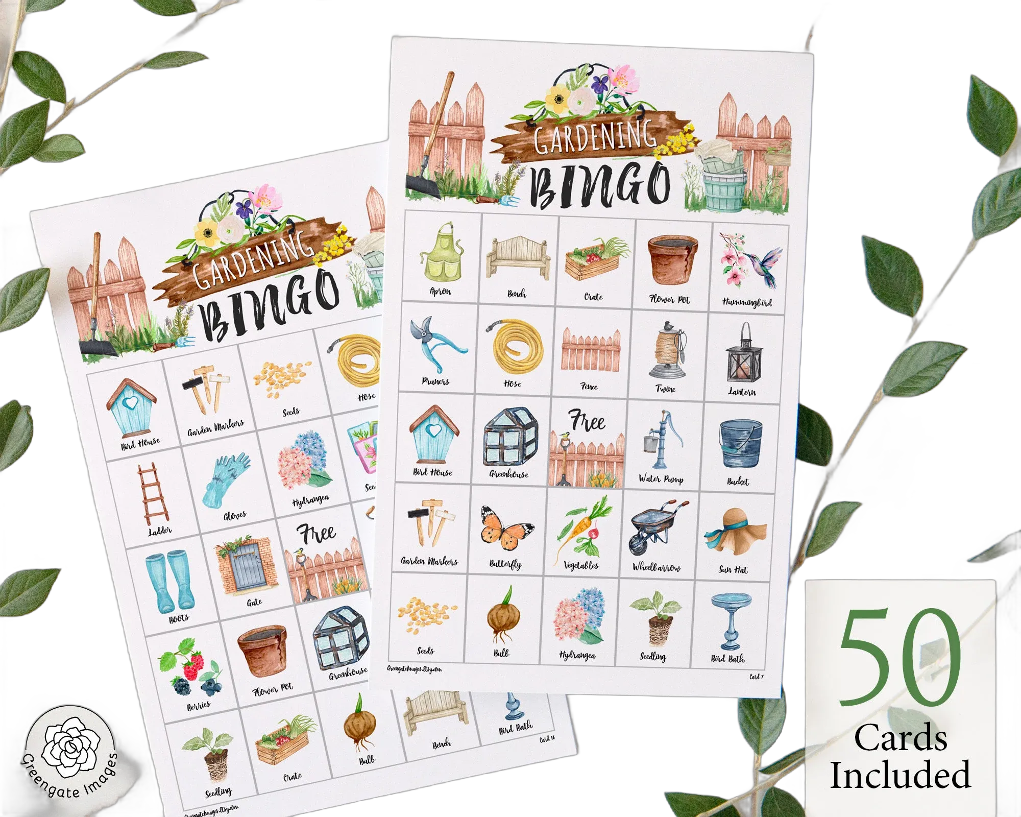 Gardening Bingo: PRINTABLE 50 cards, bingo pdf game, party game ideas, senior citizen game, garden gardener game, mothers day activity idea