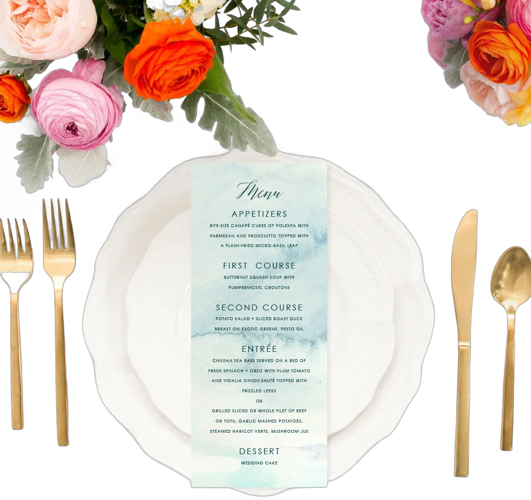 HUE SKY Watercolor Wedding Menus - Custom Printed Wedding Menu, Printable Wedding menu, Watercolor Dinner Menu, Lunch Menu