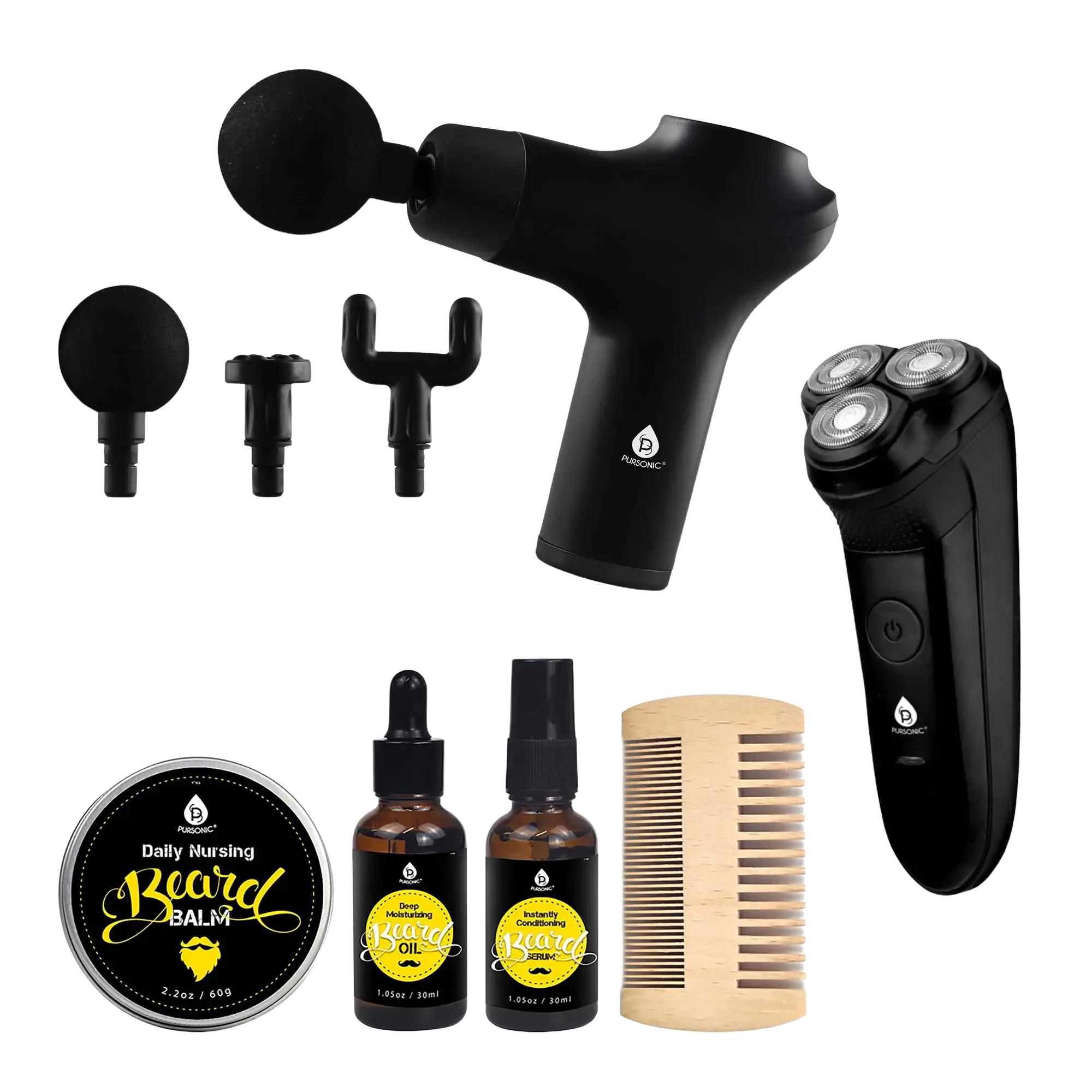 PURSONIC The Ultimate Men's Grooming & Relaxation Bundle Beard Care, Electric Shaver, and Massage Gun