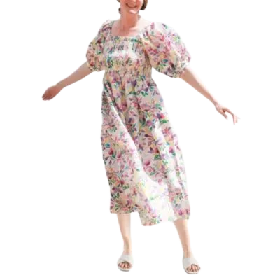 Jessie Zhao New York Violet Garden Smocked Cotton Silk Dress