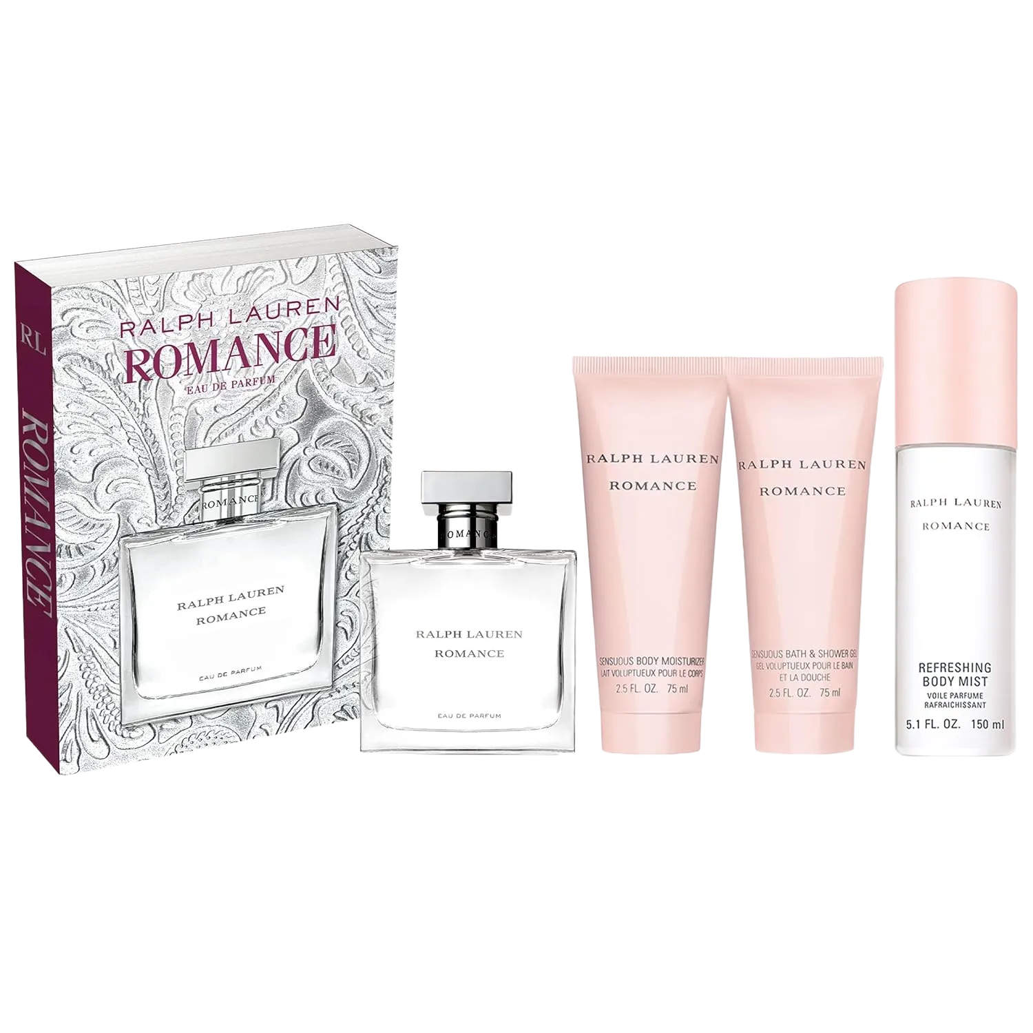 RALPH LAUREN FRAGRANCES Romance - Women's Perfume Gift Set - Floral & Woody - With Rose, Jasmine, and Berries - Full Size Fragrance, 3.4 Fl Oz, Shower Gel & Body Lotion, 2.5 Fl Oz Each, & Body Mist, 5 Fl Oz