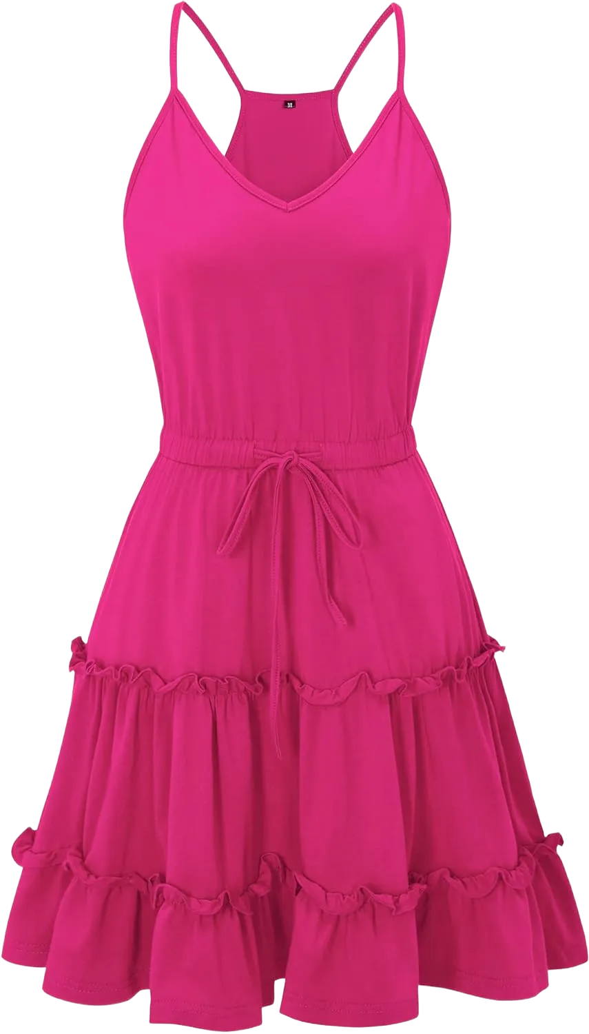 Newshows Women's 2025 Summer Dress Spaghetti Strap Casual Boho Beach Vacation Outfits Drawstring Ruffle Hem Sundress Trendy Rose Red Small