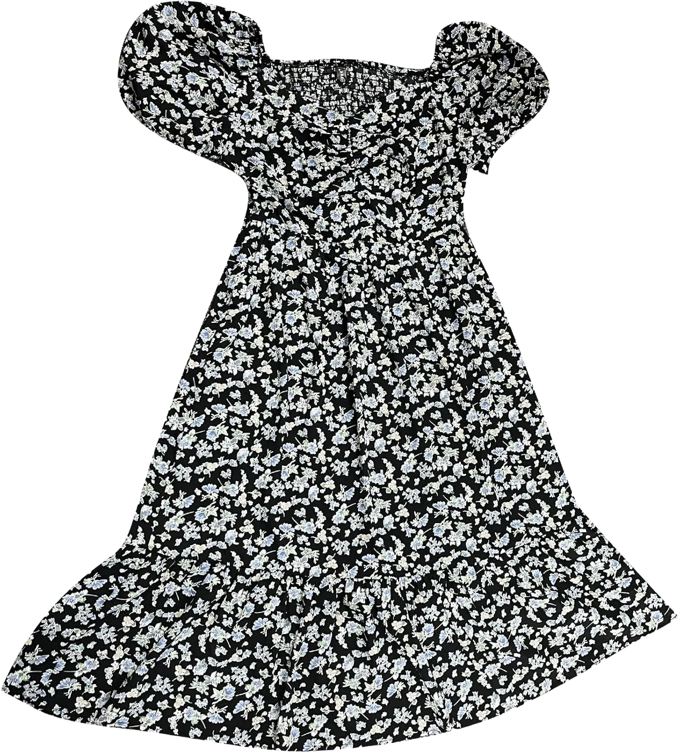 Allegra K Women's Boho Floral Print Summer Dresses Square Neck Puff Short Sleeve A-Line Casual Midi Dress X-Small Black