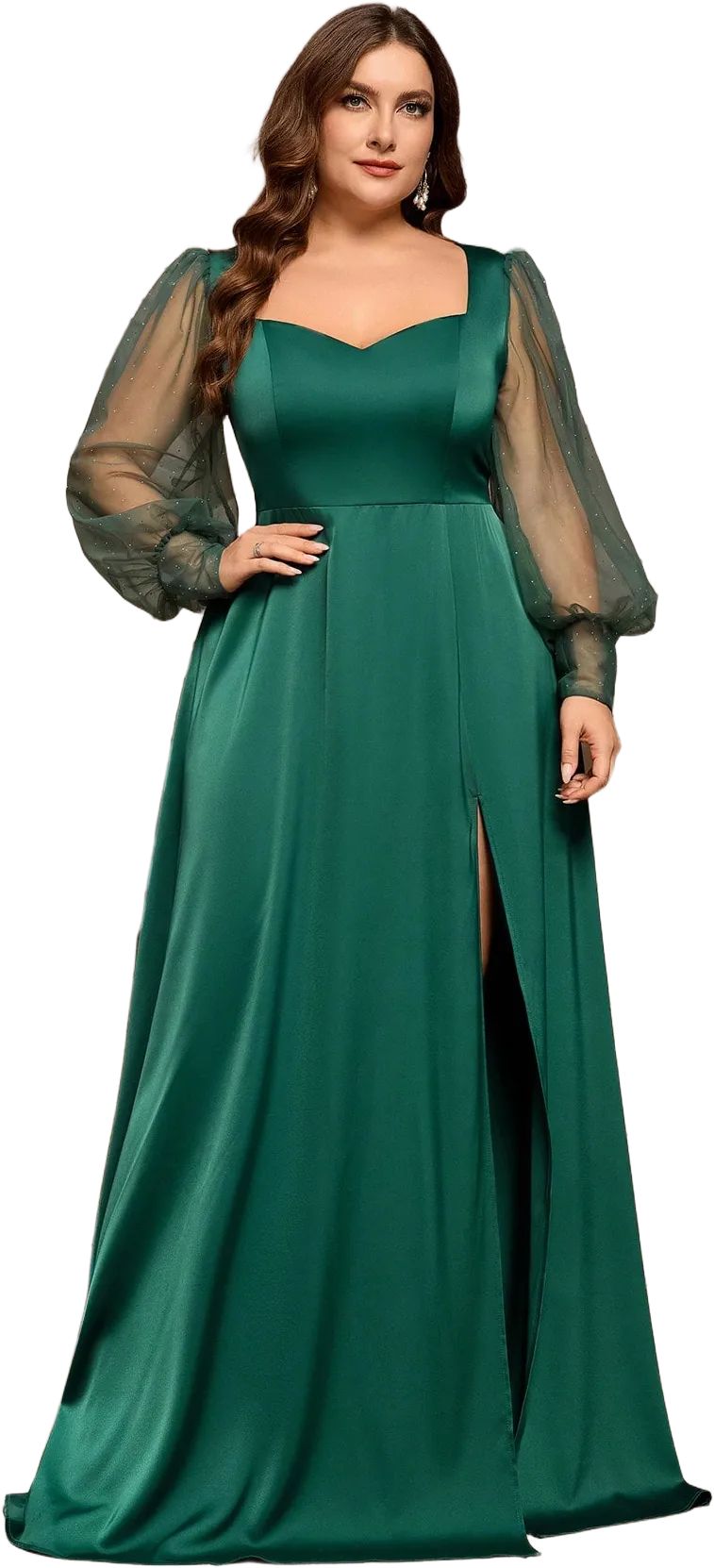 SHEIN Belle Plus Size Women's Elegant Romantic Dark Green Satin Patchwork Rhinestone Mesh Transparent Sweetheart Neck Long Sleeve High Slit A-Line Maxi Dress For Wedding Party Formal Bridesmaid Gown For Christmas