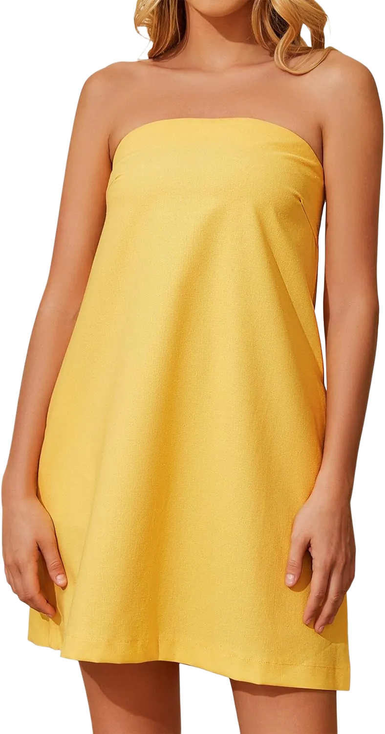 Women's Strapless Tube Dress Off Shoulder Loose Fit Mini Dress Solid Casual Backless Tunic Short Dress with Pockets Small Yellow