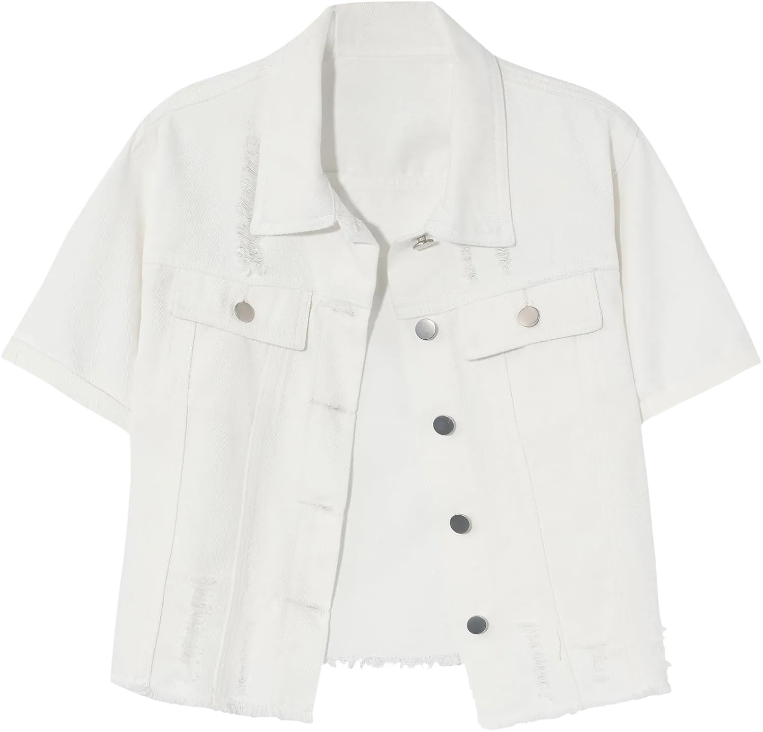 Gacaky Womens Short Sleeve Denim Jacket Lapel Frayed Washed Button Down Cropped Trucker Jean Jacket Coats White X-Large