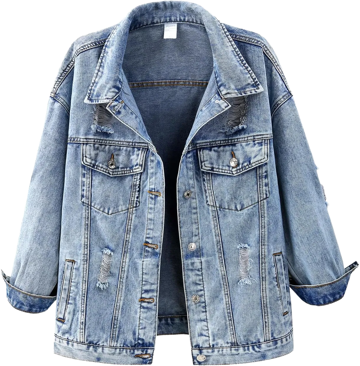 Ladyful Women's Long Oversized Denim Jacket Boyfriend Drop Shoulder Distressed Baggy Jean Jacket with Pockets at Amazon Women's Coats Shop