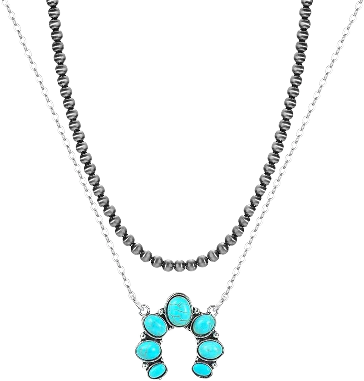Navajo Pearl Necklace Western Jewelry for Women Turquoise Heart Bar Pendant Necklace Layered Boho Beaded Choker Necklace for Women Style 4：Horseshoe