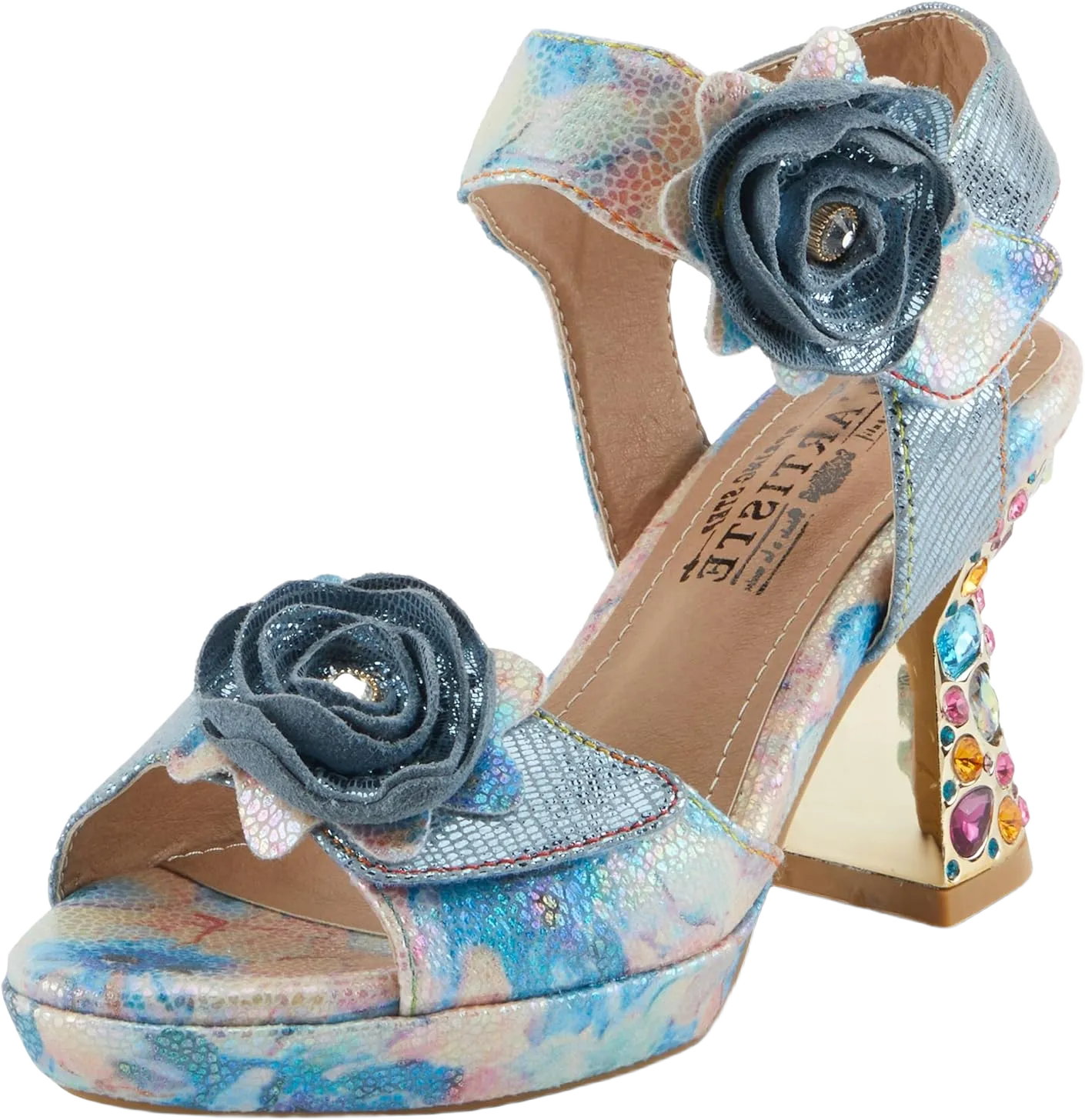 Spring Step L'Artiste Women's SMASHING Metallic Leather Sandals - Opulent Decorative Flowers, Sculpted Jewel Heel, Wearable Art Footwear 9.5-10 Blue Multi