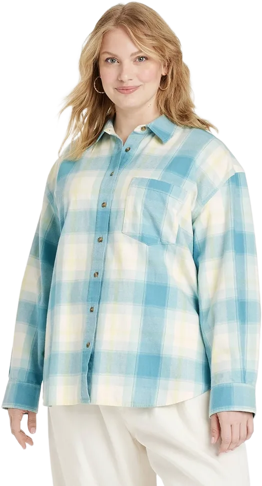 Women&#39;s Oversized Flannel Long Sleeve Collared Button-Down Shirt - Universal Thread&#8482; Blue Plaid 1X: Midweight Cotton Blend, Casual Fit