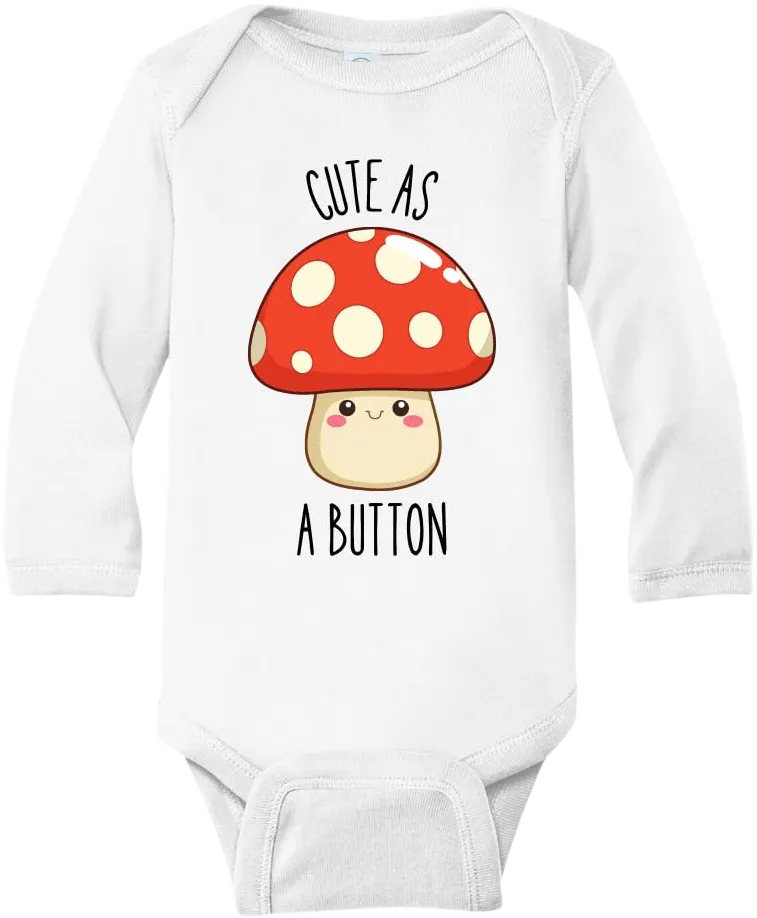 Funny Baby Bodysuit Cute as a Button Mushroom Baby Cotton Custom Baby Clothes Unisex Baby Announcement Onesie for Boys and Girls (Long Sleeve White, 18m) 18m Long Sleeves White