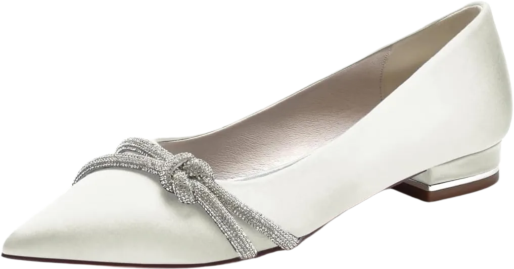 Satin Crystals Wedding Flats for Bride Pointed Toe Party Dress Shoes Flats Women Slip on Low Heel Office Flat Shoes,Ivory,7.5 US