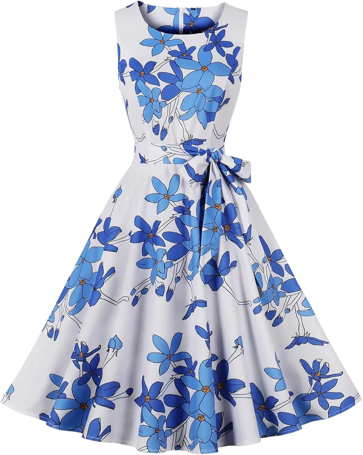 Wellwits Women's Crewneck Floral Print Sleeveless Vintage Summer Dress 10 Blue Grey