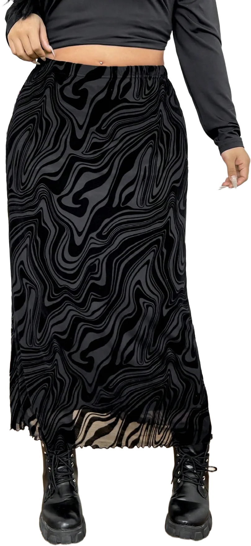 SHEIN EZwear 1pc Women Plus Size Patterned Flocked Mesh Lined A-Line Skirt, Black