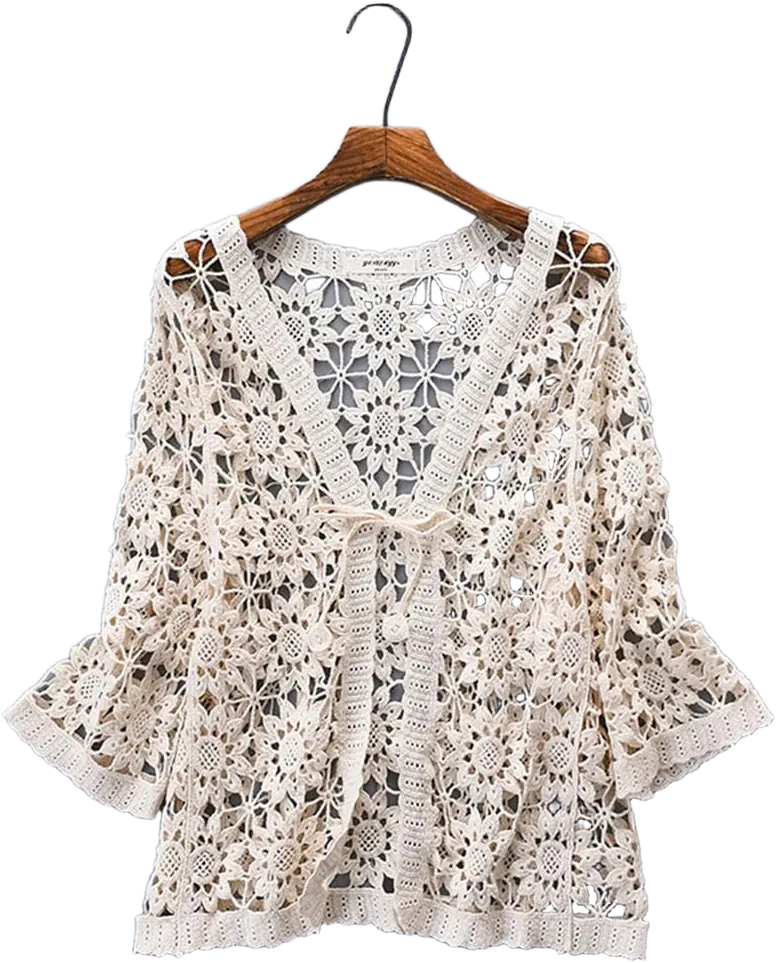 Women Cotton Casual Floral Lace Crochet 3/4 Sleeve Cardigan Boho Cover Up Shrug