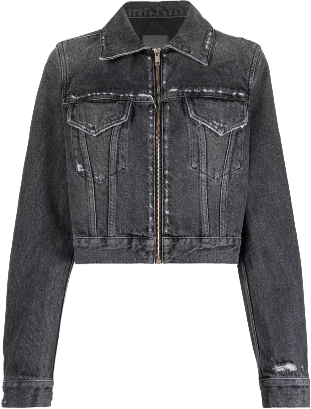 distressed-effect zipped denim jacket