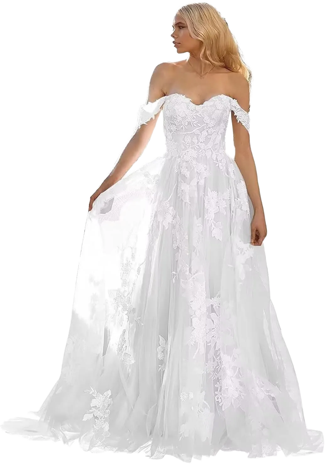 Off Shoulder Wedding Dresses for Bride 2024 Lace A-line Tulle Bridal Ball Gowns Bohemian Brides Dress for Women Plus Size Ivory 18