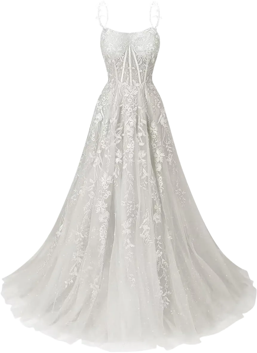 Clothfun Sparkly Tulle Prom Dresses 2024 Long Ball Gown for Women V-Neck Lace Formal Evening Gown 14 Ivory