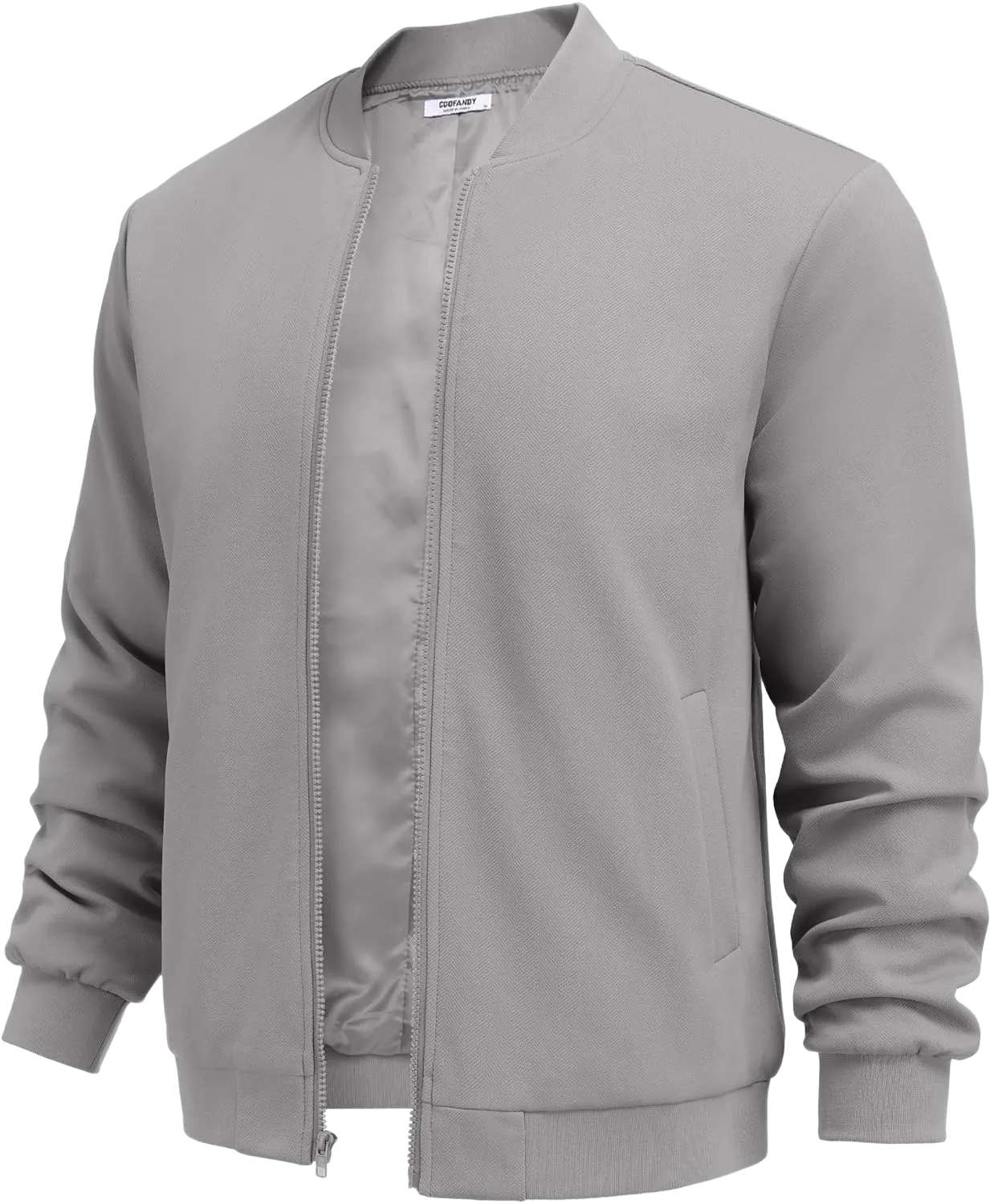 COOFANDY Men's Lightweight Bomber Jacket Casual Stylish Fall Jackets Full Zip Knit Jackets Varsity Textured Coat Light Grey Small