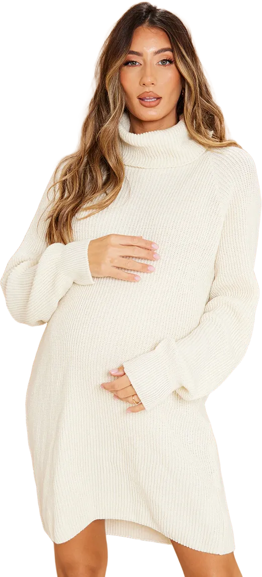 Maternity Cream High Neck Oversized Sweater Dress
